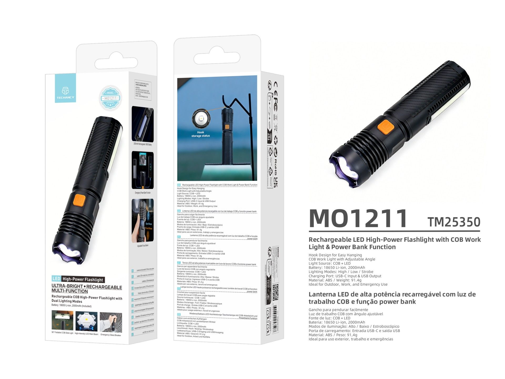 Techancy Lanterna LED Recarregavel MO1211 com Luz COB, USB-C, Funcao Power Bank, Modos de Luz, para