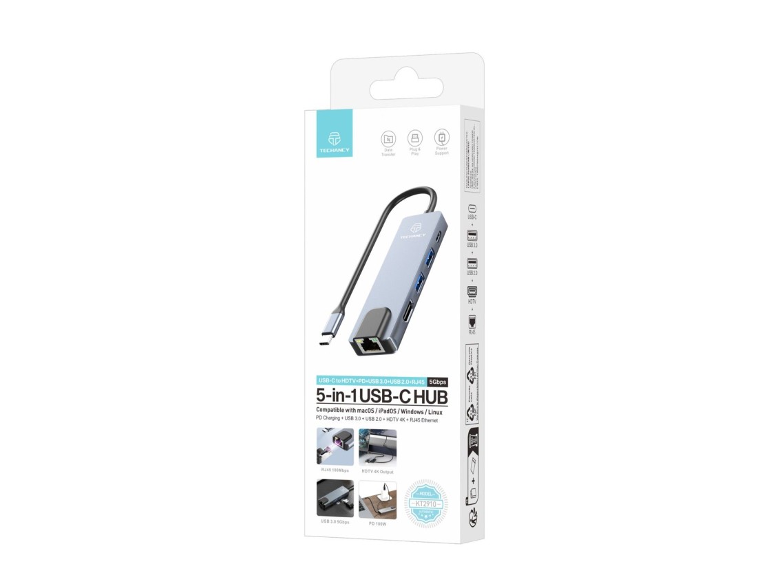 Techancy Hub USB-C 5 em 1 KT2910 com HDTV, PD, USB 3.0/2.0 e RJ45, Compativel com PC e Telemovel, Ci