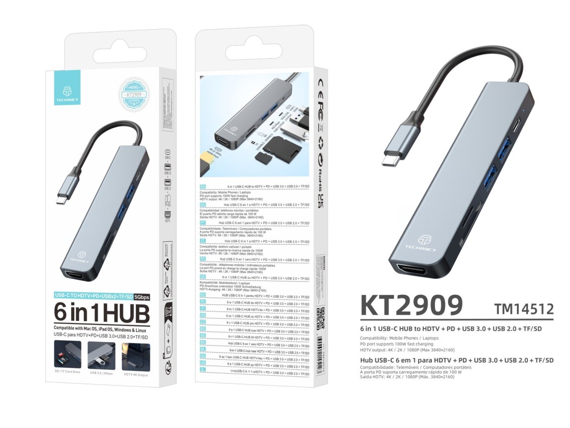 Techancy Hub USB-C 6 in 1 KT2909 with HDTV, PD, USB 3.0/2.0 and TF/SD Card Reader, Compatible with P