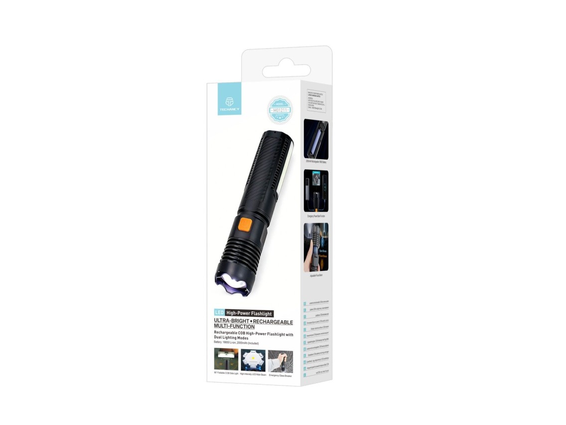 Techancy Lanterna LED Recarregavel MO1211 com Luz COB, USB-C, Funcao Power Bank, Modos de Luz, para