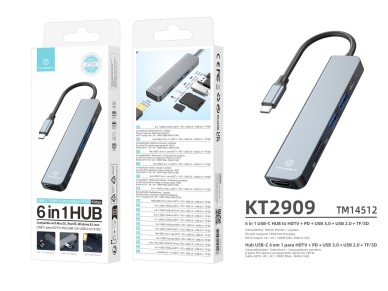 Techancy Hub USB-C 6 in 1 KT2909 with HDTV, PD, USB 3.0/2.0 and TF/SD Card Reader, Compatible with P