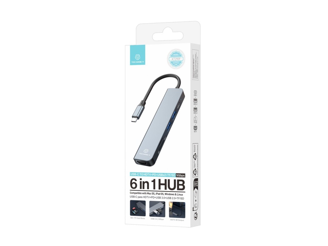 Techancy Hub USB-C 6 in 1 KT2909 with HDTV, PD, USB 3.0/2.0 and TF/SD Card Reader, Compatible with P