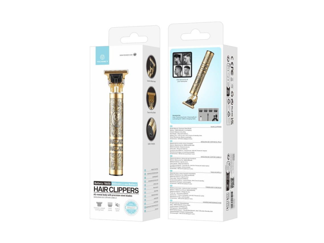 Techancy Maquina de Cortar Cabelo MN6031 com Lamina de Aco, Bateria 18650, USB-C, Corpo Metalico, Do