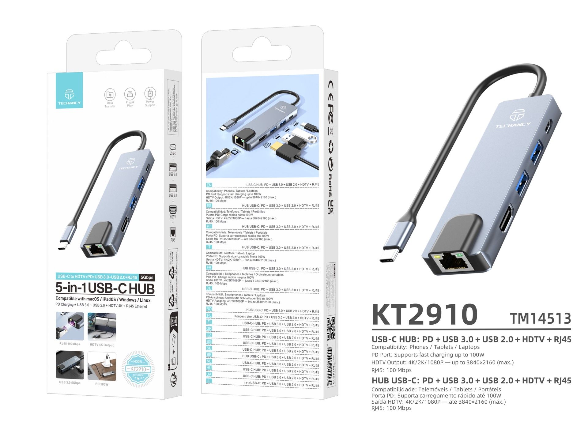 Techancy Hub USB-C 5 em 1 KT2910 com HDTV, PD, USB 3.0/2.0 e RJ45, Compativel com PC e Telemovel, Ci