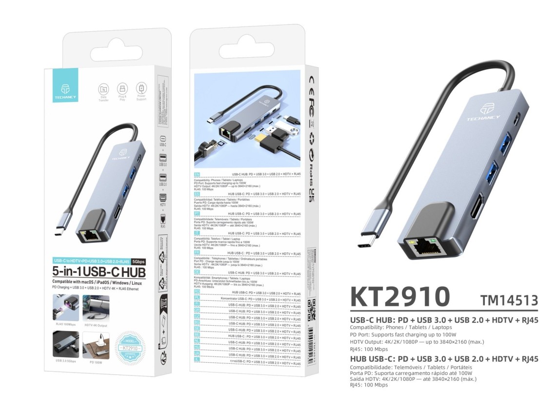 Techancy Hub USB-C 5 em 1 KT2910 com HDTV, PD, USB 3.0/2.0 e RJ45, Compativel com PC e Telemovel, Ci