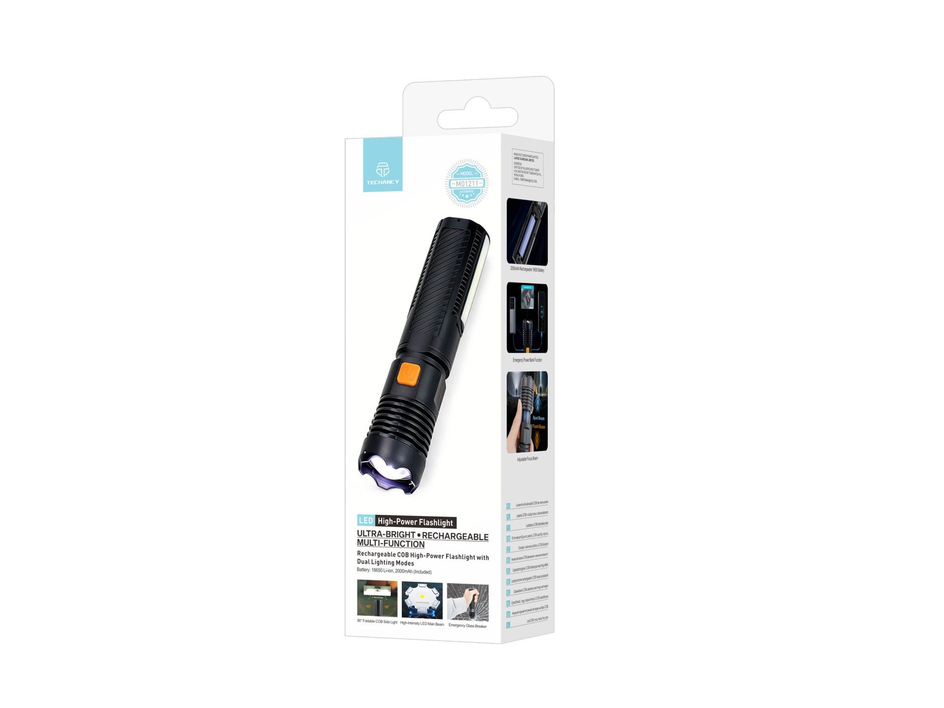 Techancy Lanterna LED Recarregavel MO1211 com Luz COB, USB-C, Funcao Power Bank, Modos de Luz, para
