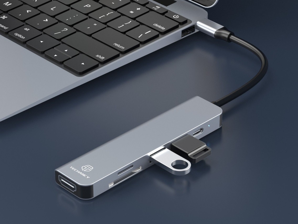 Techancy Hub USB-C 6 in 1 KT2909 with HDTV, PD, USB 3.0/2.0 and TF/SD Card Reader, Compatible with P