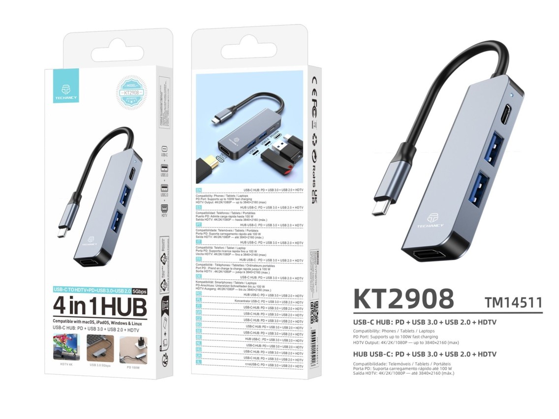 Techancy Hub USB-C 4 em 1 KT2908 com HDTV, PD, USB 3.0 e USB 2.0, Compativel com PC e Telemovel, Cin