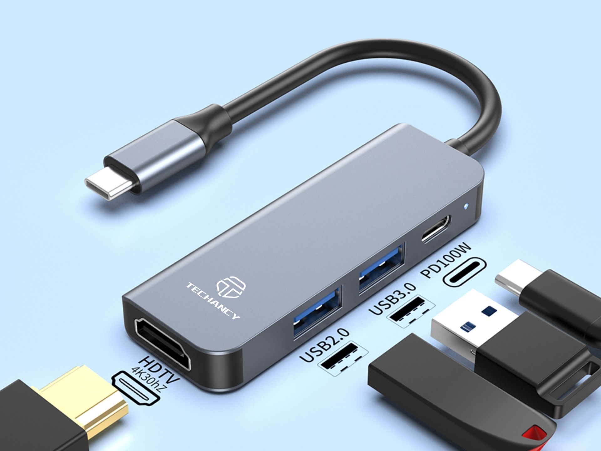 Techancy Hub USB-C 4 em 1 KT2908 com HDTV, PD, USB 3.0 e USB 2.0, Compativel com PC e Telemovel, Cin