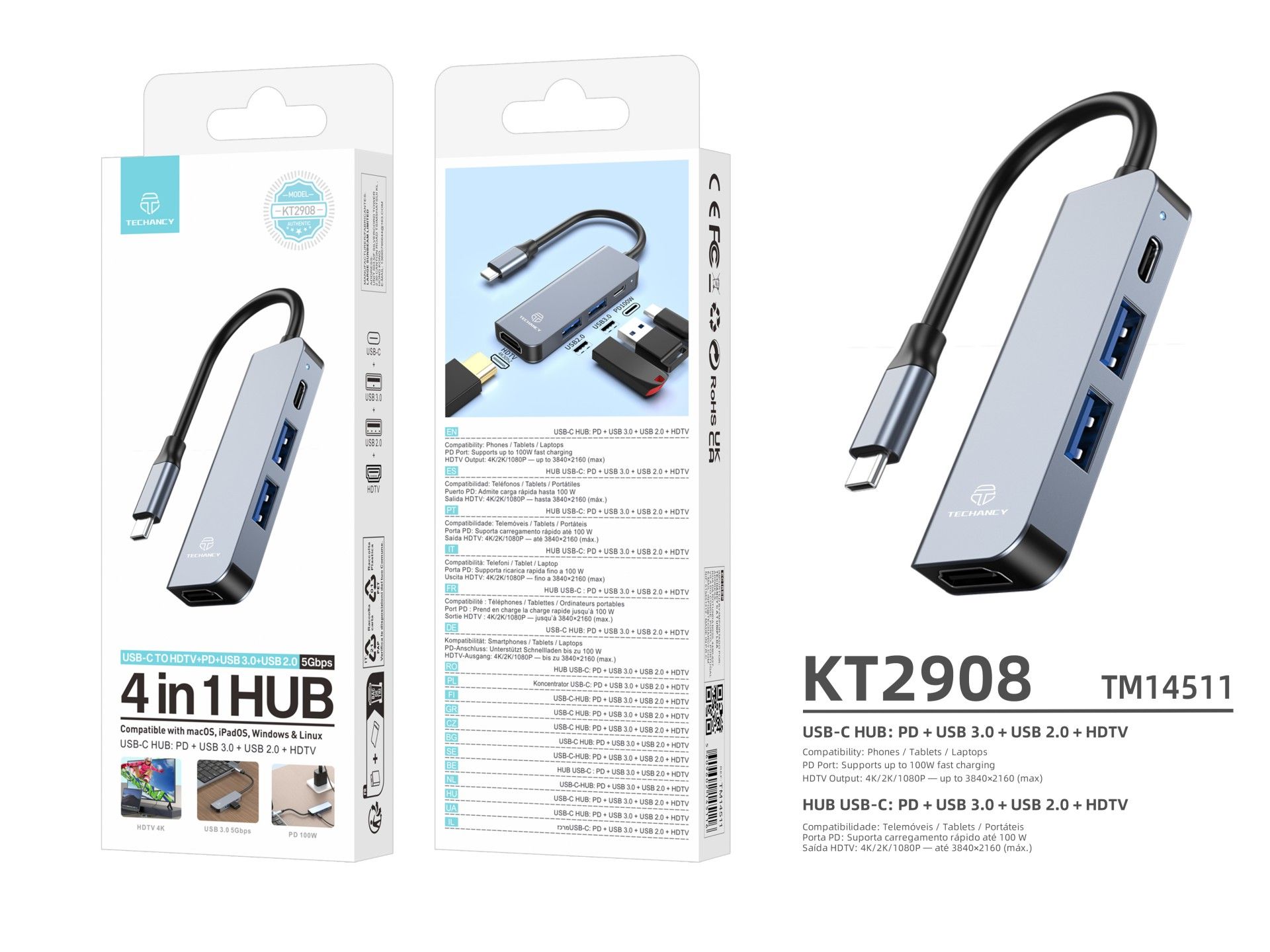 Techancy Hub USB-C 4 em 1 KT2908 com HDTV, PD, USB 3.0 e USB 2.0, Compativel com PC e Telemovel, Cin
