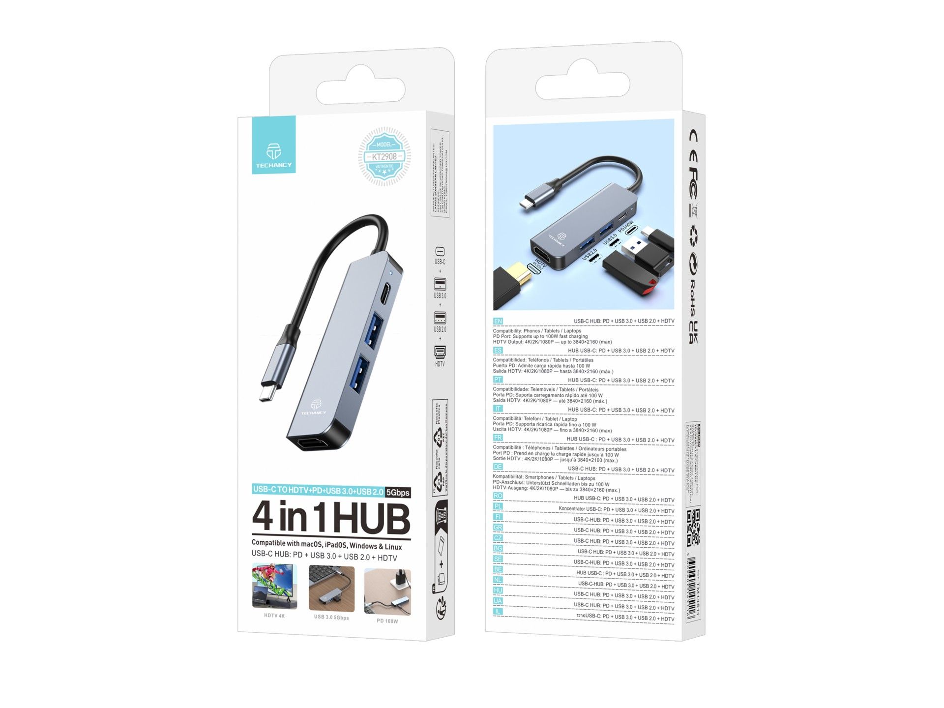Techancy Hub USB-C 4 em 1 KT2908 com HDTV, PD, USB 3.0 e USB 2.0, Compativel com PC e Telemovel, Cin