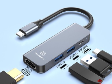 Techancy KT2908 4-in-1 USB-C Hub with HDTV, PD, USB 3.0 and USB 2.0, Compatible with PC and Mobile P