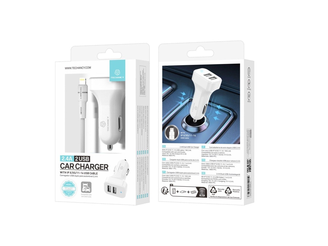 Techancy TC6401 Dual USB 2.4A Car Charger with Lightning Cable - White
