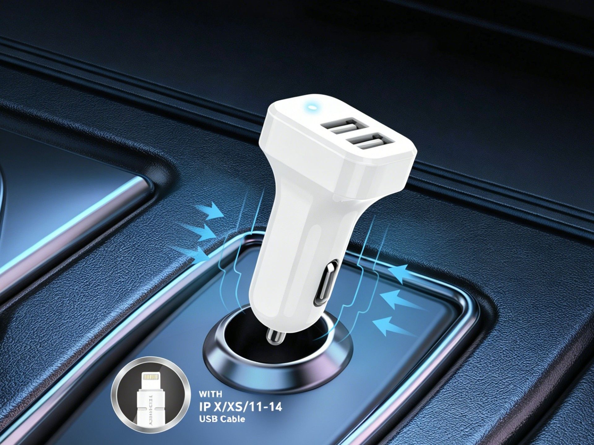 Techancy TC6401 Carregador de Carro Duplo USB 2.4A com Cabo Lightning Branco