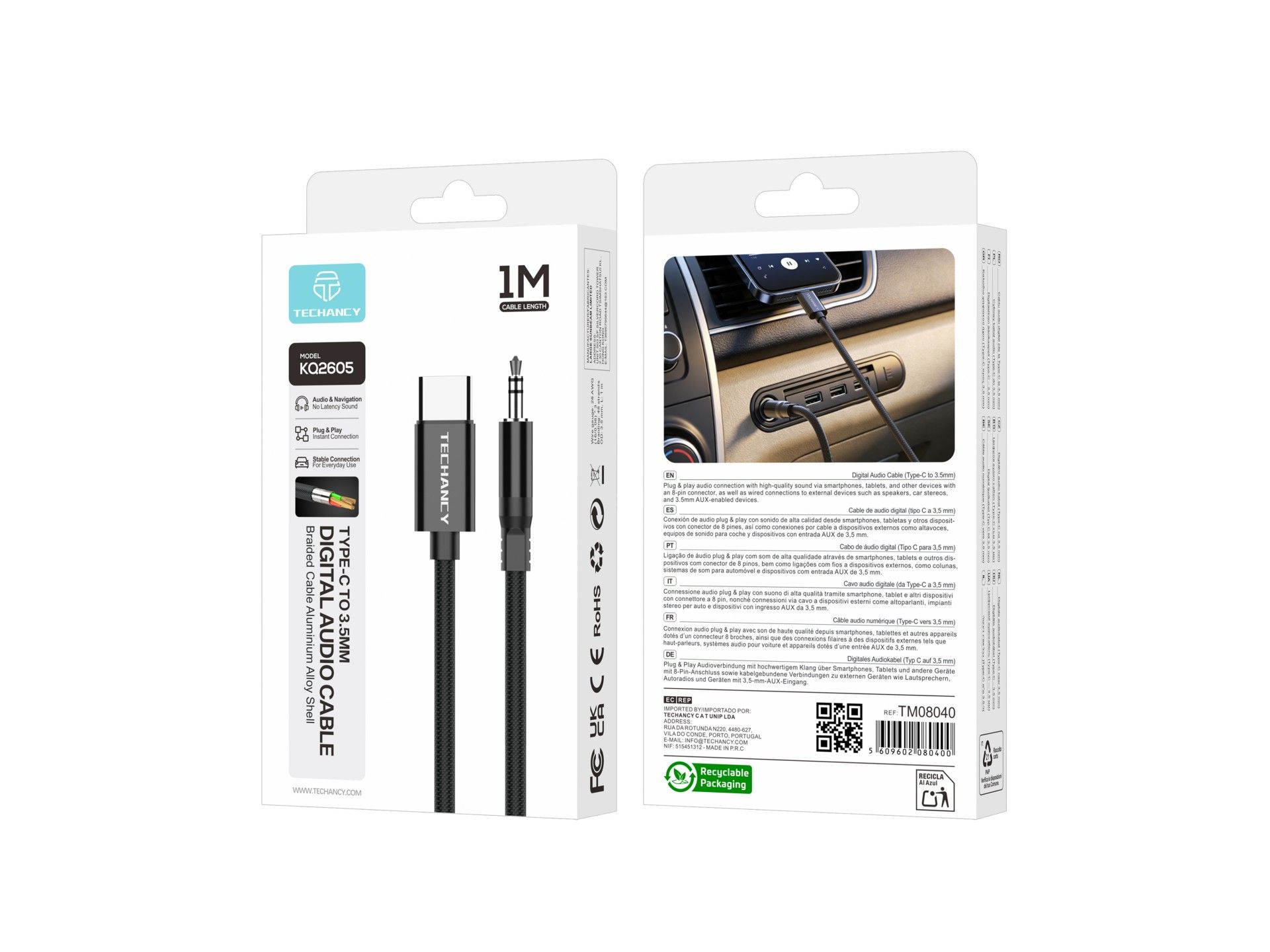 Cable de audio digital Techancy KQ2605 USB-C a 3,5 mm, 1 m, trenzado, compatible con teléfonos móvil