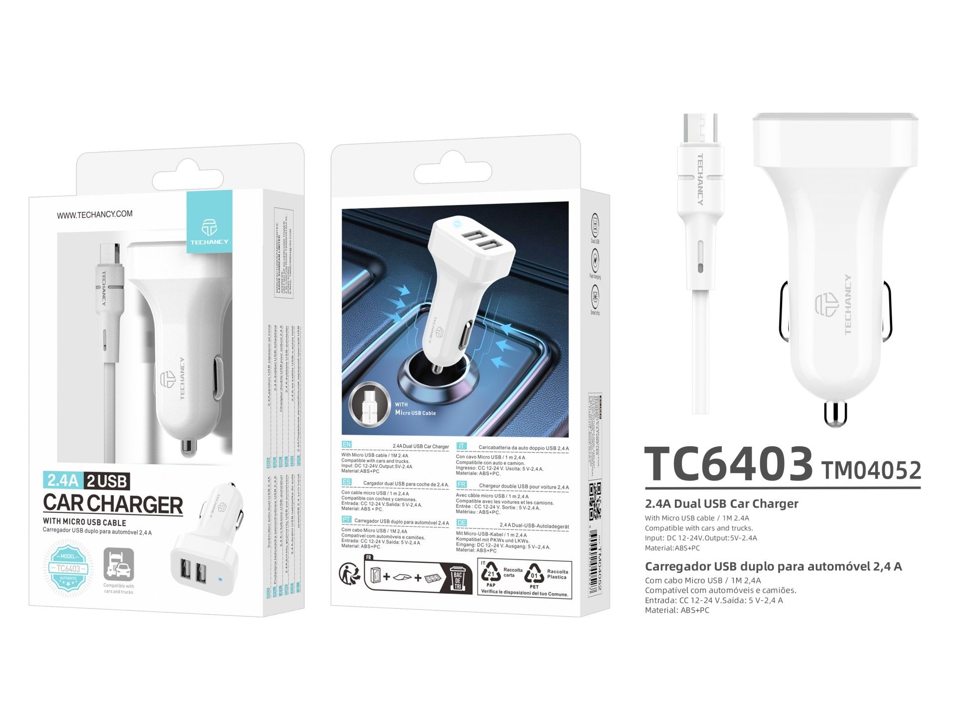 Techancy TC6403 Dual USB 2.4A Car Charger with Micro USB Cable - White