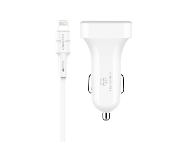 Cargador de coche Techancy TC6401 con doble puerto USB de 2,4 A y cable Lightning - Blanco