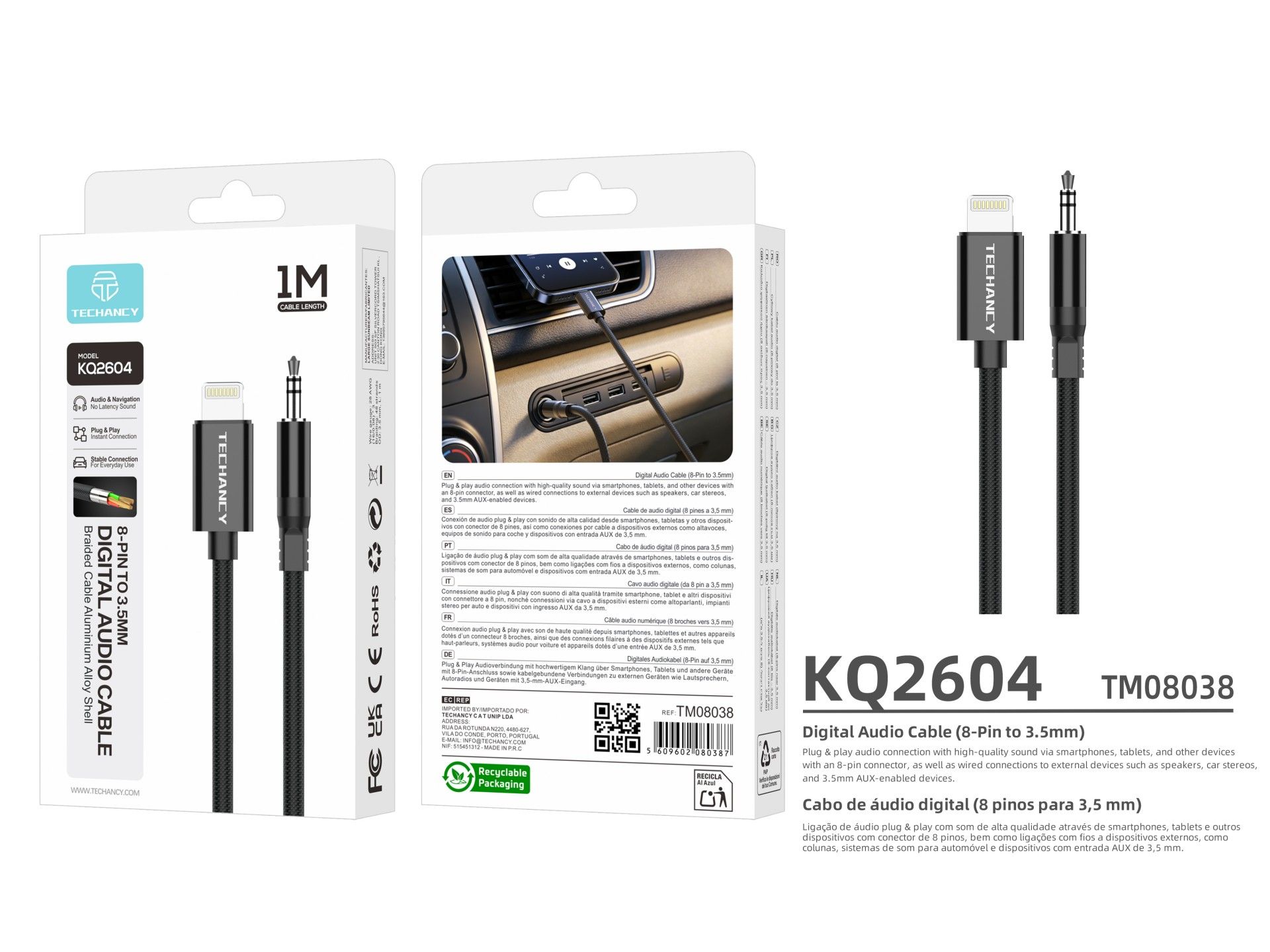 Techancy Cabo Audio Digital KQ2604 8-Pin para 3.5mm, 1M, Trancado, Compativel com Telemovel, Carro e