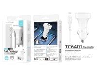 Techancy TC6401 Carregador de Carro Duplo USB 2.4A com Cabo Lightning Branco Techancy TC6401 Carregador de Carro Duplo USB 2.4A com Cabo Lightning Branco