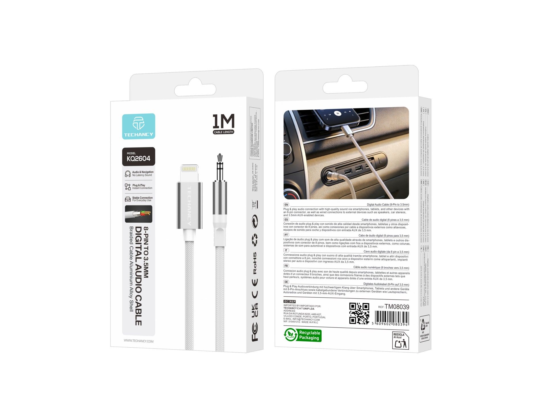 Techancy Cabo Audio Digital KQ2604 8-Pin para 3.5mm, 1M, Trancado, Compativel com Telemovel, Carro e