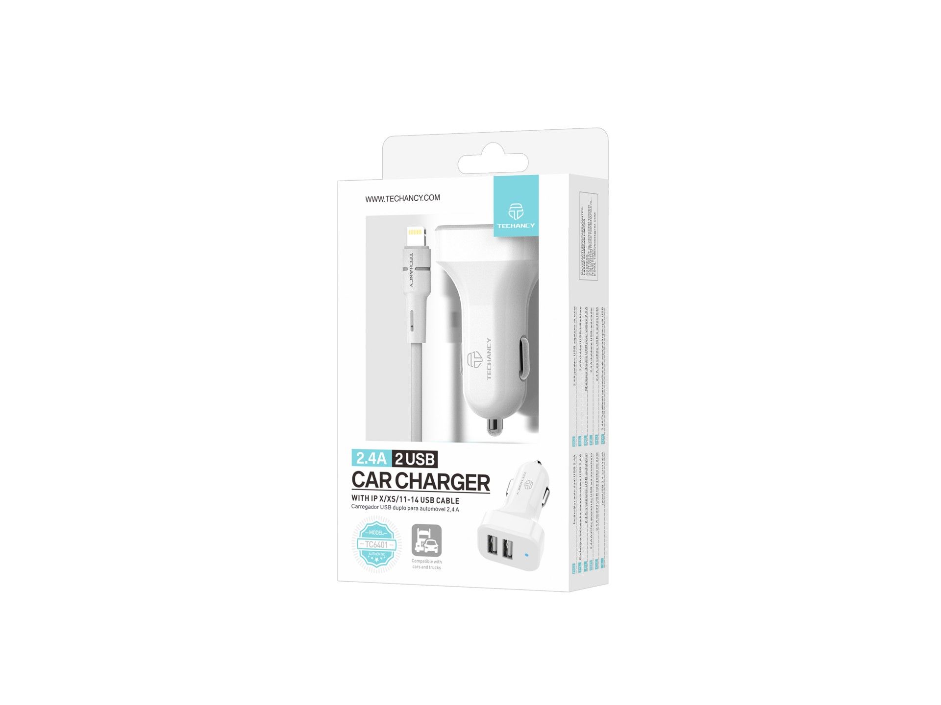 Techancy TC6401 Carregador de Carro Duplo USB 2.4A com Cabo Lightning Branco