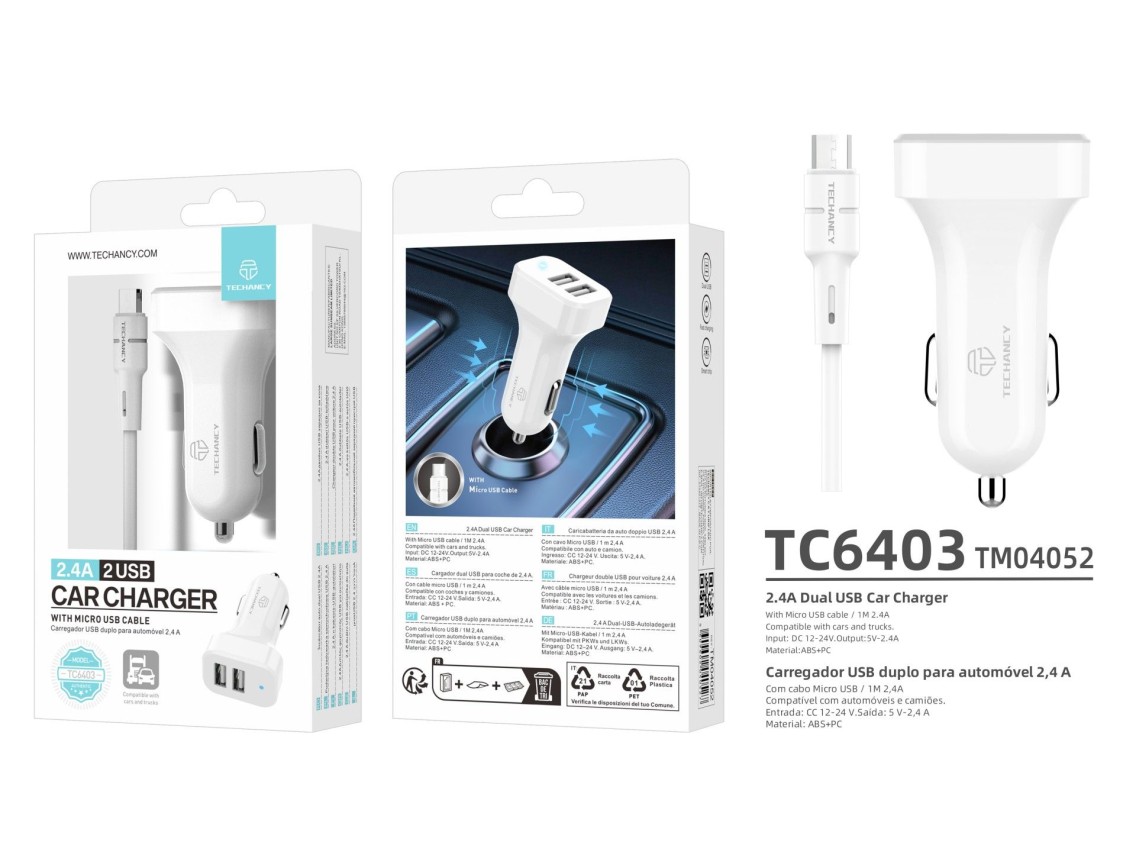 Techancy TC6403 Dual USB 2.4A Car Charger with Micro USB Cable - White