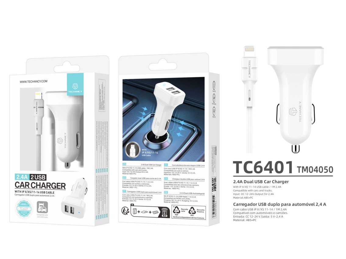 Techancy TC6401 Carregador de Carro Duplo USB 2.4A com Cabo Lightning Branco