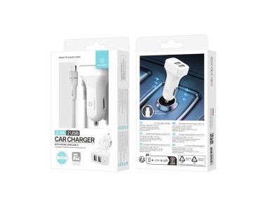 Cargador de coche Techancy TC6403 con doble puerto USB de 2,4 A y cable micro USB - Blanco