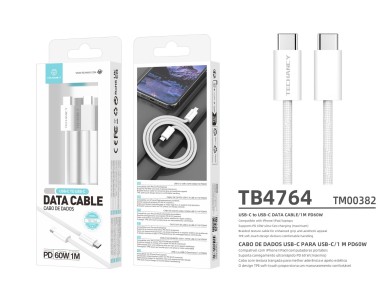 Techancy USB-C to USB-C Cable TB4764 1M PD 60W, Braided, Fast Charging, Compatible with Mobile Phone Techancy USB-C to USB-C Cable TB4764 1M PD 60W, Braided, Fast Charging, Compatible with Mobile Phone