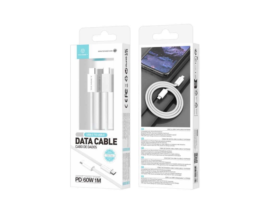 Techancy USB-C to USB-C Cable TB4764 1M PD 60W, Braided, Fast Charging, Compatible with Mobile Phone