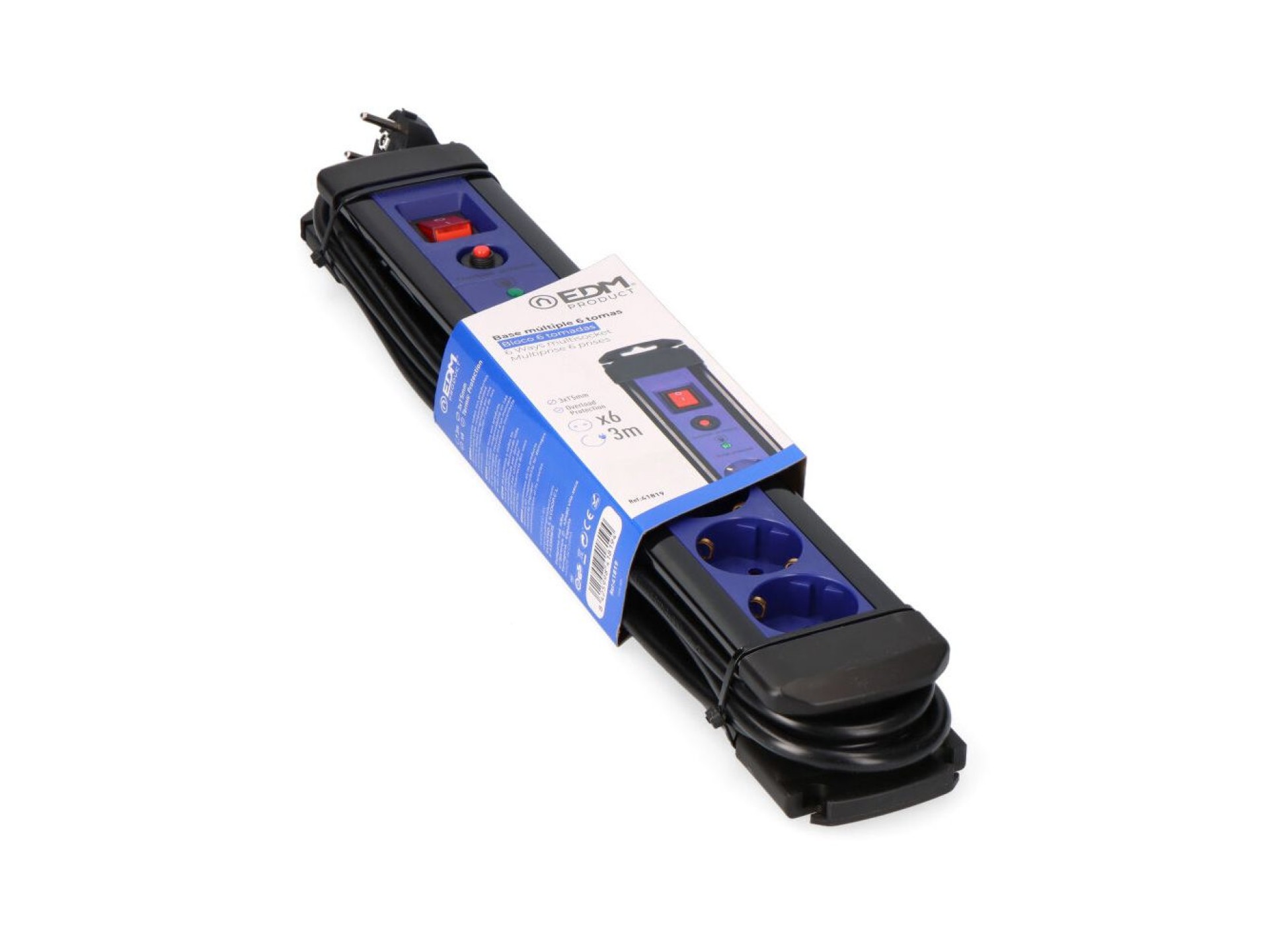 Base múltipla com 6 saídas, 2p+e, com interruptor iluminado e protetor, cabo de 3 m h05vv-f 3g1,5 mm