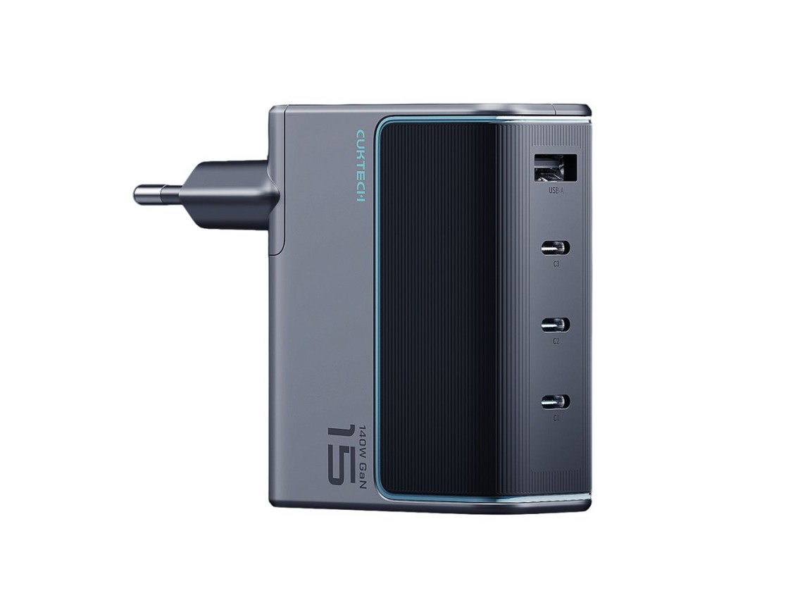 Cargador de pared Cuktech AD1404UEU de 140 W GaN con 3 puertos USB-C + USB-A y cable USB-C - Gris