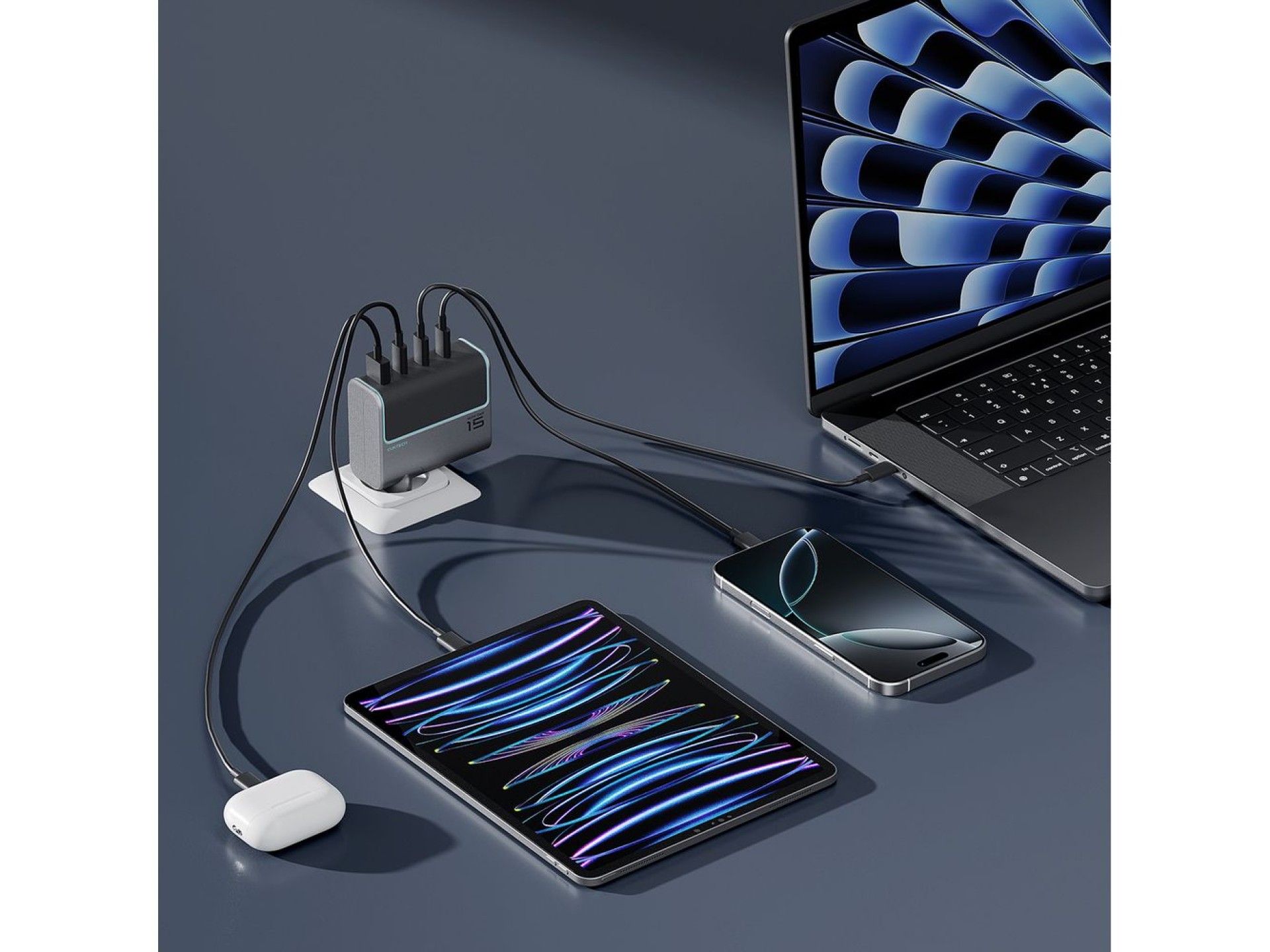Cargador de pared Cuktech AD1404UEU de 140 W GaN con 3 puertos USB-C + USB-A y cable USB-C - Gris