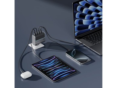 Cargador de pared Cuktech AD1404UEU de 140 W GaN con 3 puertos USB-C + USB-A y cable USB-C - Gris