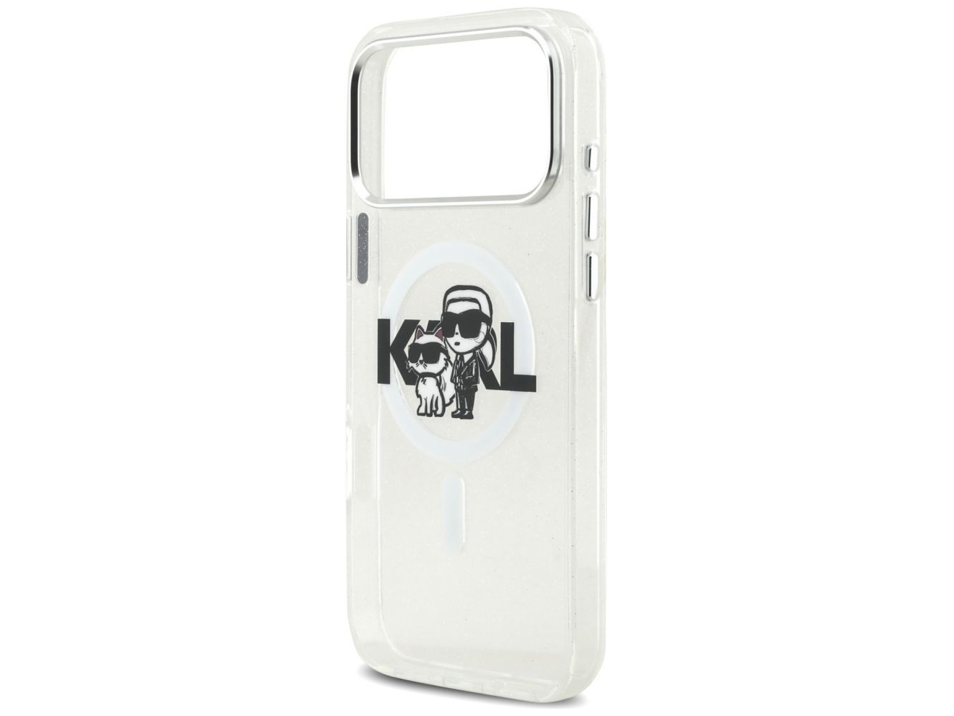 Capa MagSafe Karl Lagerfeld IML Glitter com o logo Karl & Choupette para iPhone 17 Pro Max - Transpa