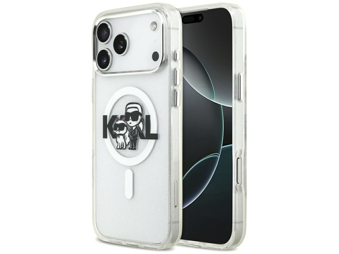 Karl Lagerfeld IML Glitter Karl & Choupette Sketch Logo MagSafe Case for iPhone 17 Pro Max - Clear