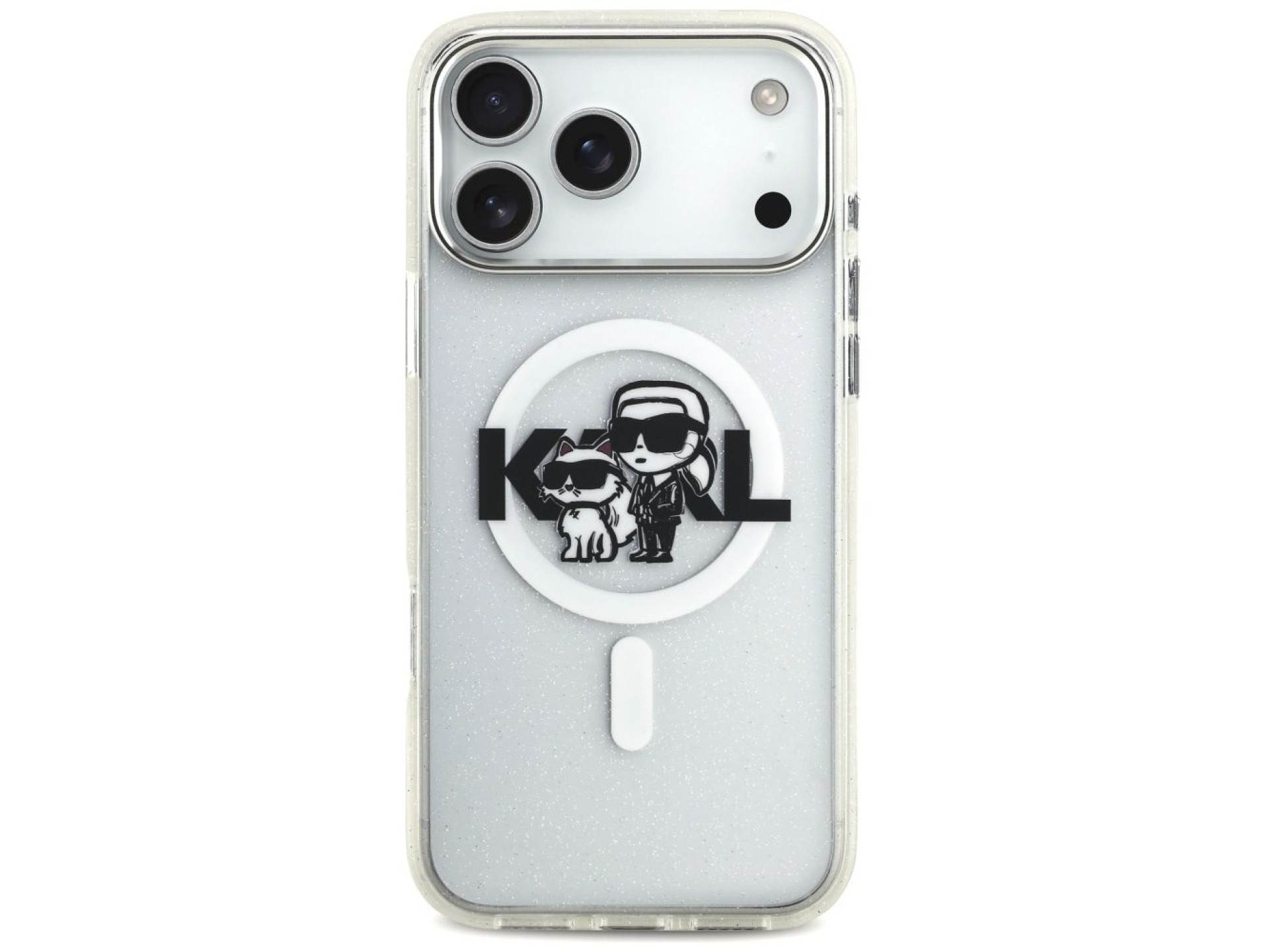 Capa MagSafe Karl Lagerfeld IML Glitter com o logo Karl & Choupette para iPhone 17 Pro Max - Transpa