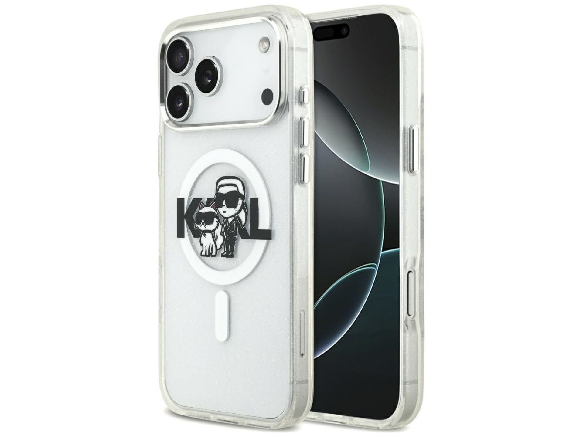 Karl Lagerfeld IML Glitter Karl & Choupette Sketch Logo MagSafe Case for iPhone 17 Pro Max - Clear