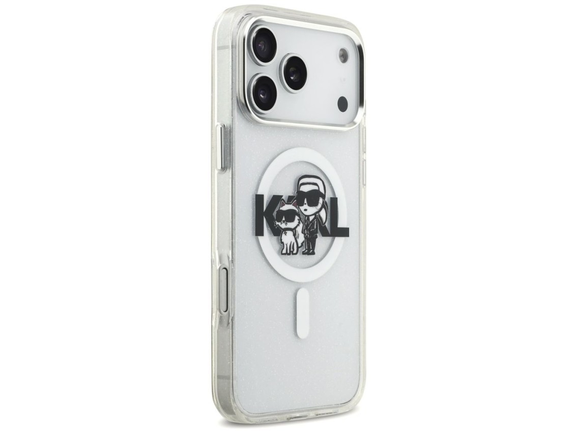 Karl Lagerfeld IML Glitter Karl & Choupette Sketch Logo MagSafe Case for iPhone 17 Pro Max - Clear