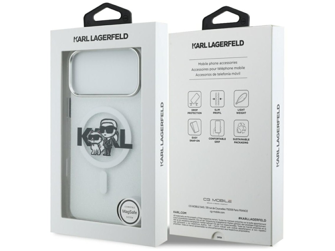 Karl Lagerfeld IML Glitter Karl & Choupette Sketch Logo MagSafe Case for iPhone 17 Pro Max - Clear