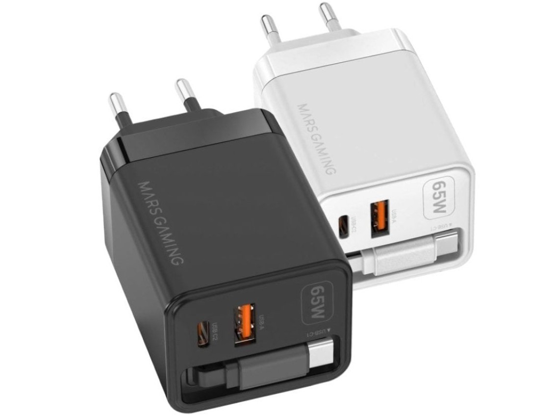 Carregador de parede GaN Mars Gaming MD-GAN65R/ 1xUSB Tipo-C/ 1xUSB/ 65W/ Preto