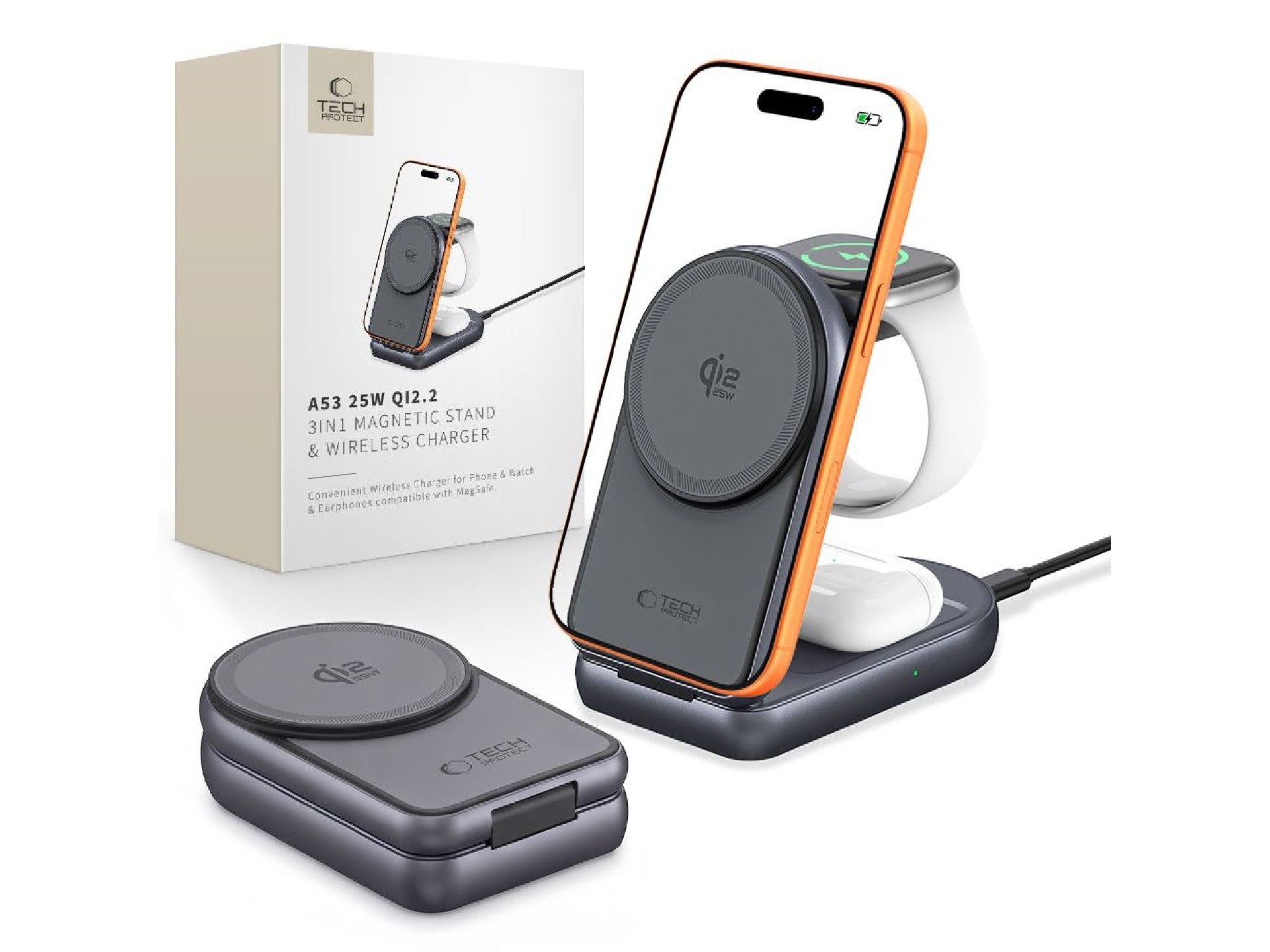 Tech-Protect A53 3in1 MagSafe 25W QI2.2 Wireless Charger - Dark Gray