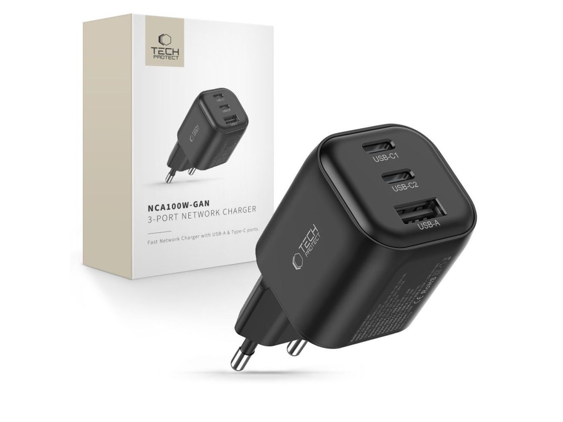 Carregador de parede Tech-Protect NCA100W-GaN PD 3.2 100W / QC3.0 - preto