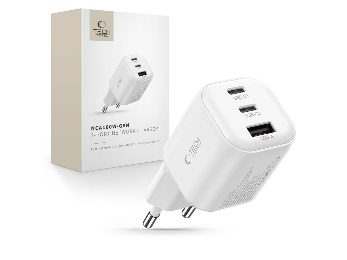 Tech-Protect NCA100W-GaN 3-Port PD 3.2 100W / QC3.0 Wall Charger - White