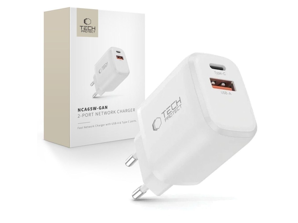 Tech-Protect NCA65W-GAN 2-Port PD 65W / QC3.0 2-Port Wall Charger - White