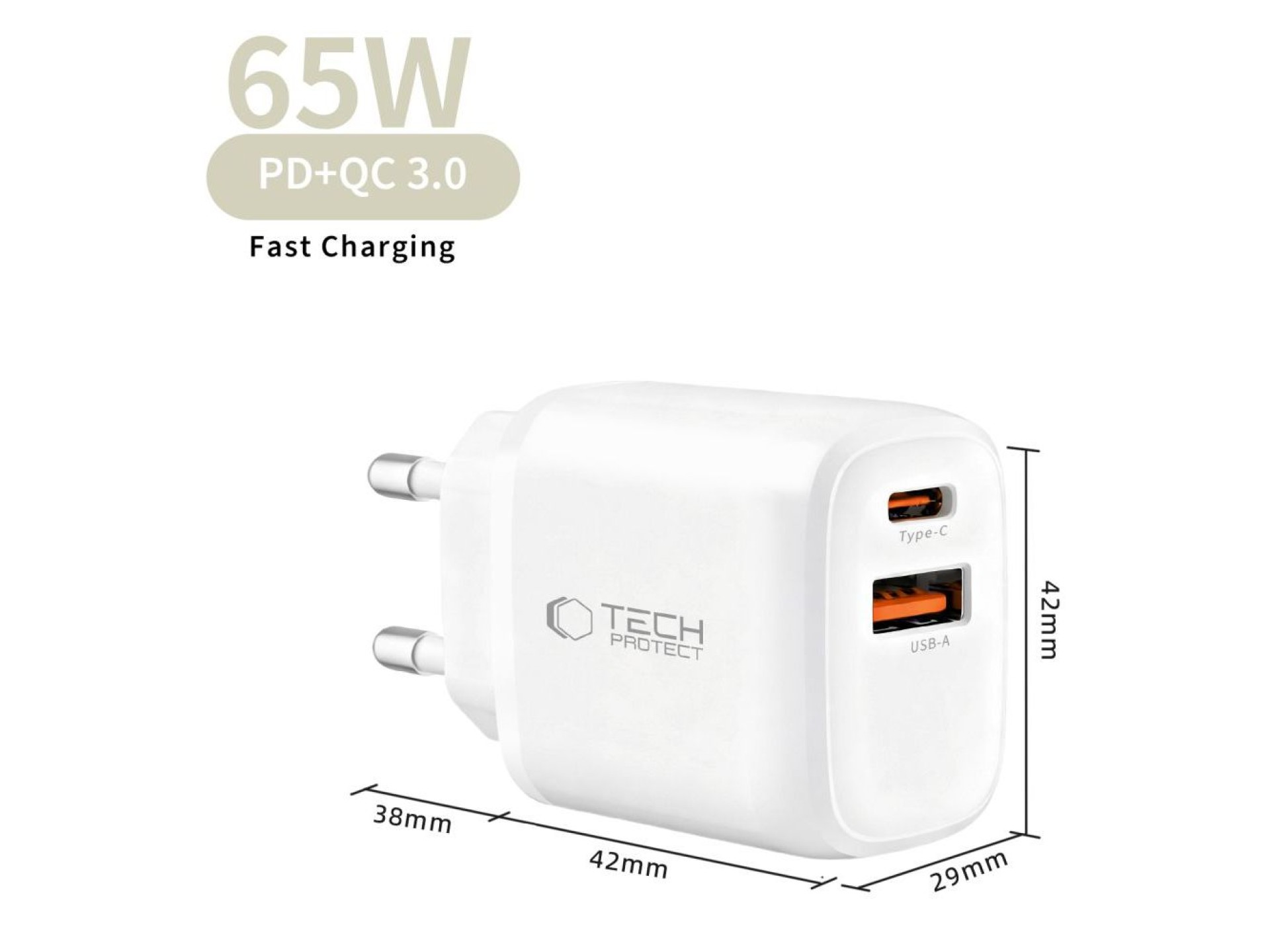 Carregador de parede Tech-Protect NCA65W-GAN de 2 portas PD 65W / QC3.0 - Branco