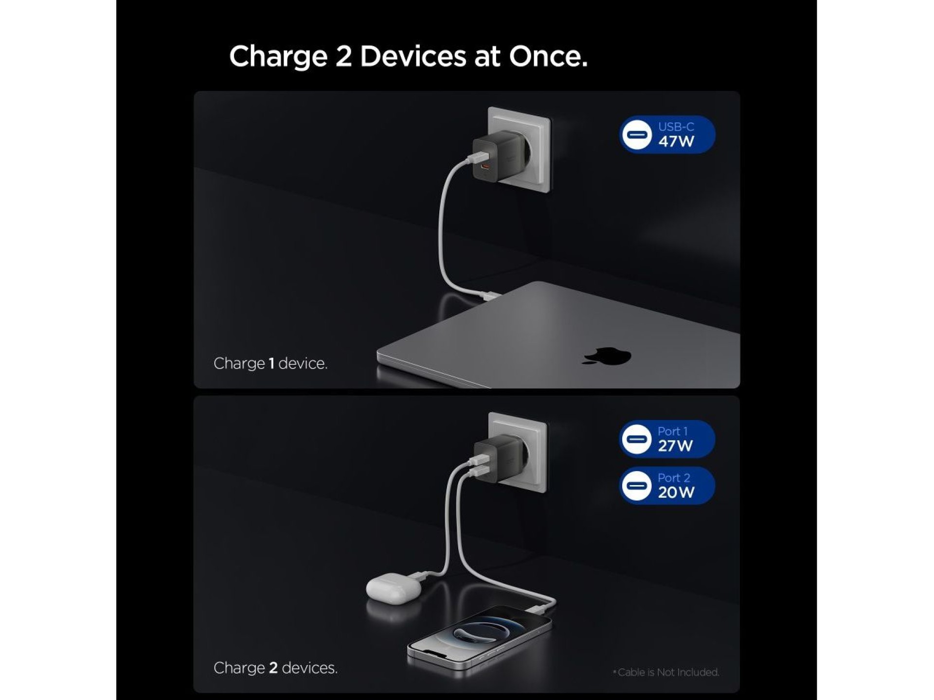 Cargador de pared Spigen Essential EE472EU-GAN de 2 puertos y 47 W - Gris oscuro