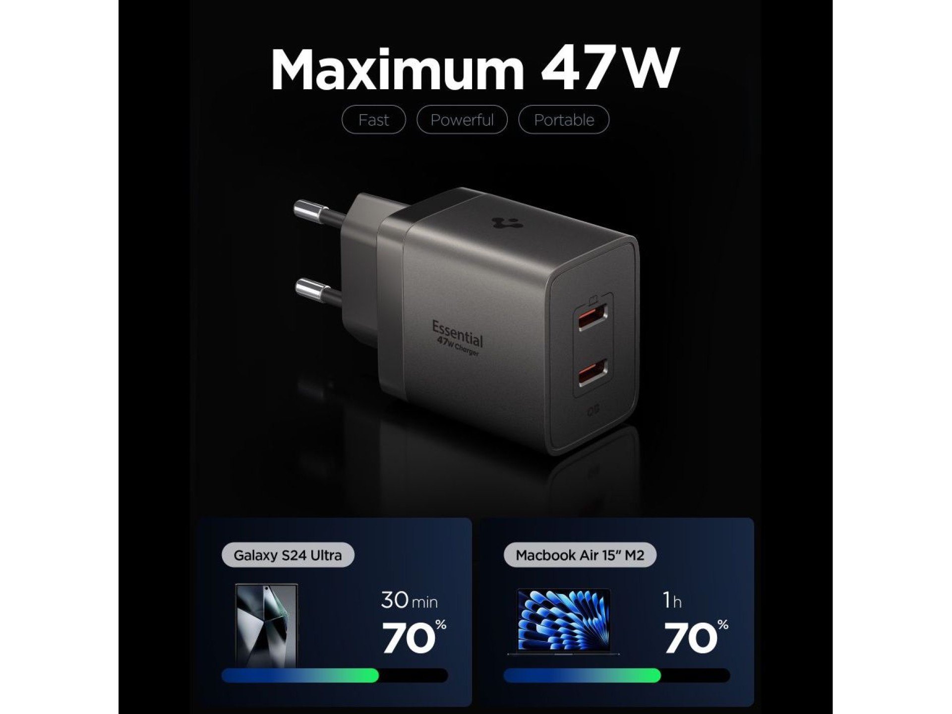 Cargador de pared Spigen Essential EE472EU-GAN de 2 puertos y 47 W - Gris oscuro