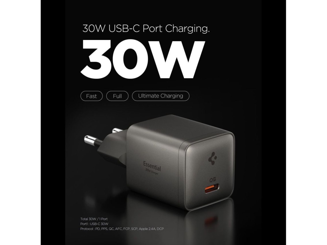 Carregador de parede Spigen Essential EE301EU de 1 porta e 30 W - Cinza escuro