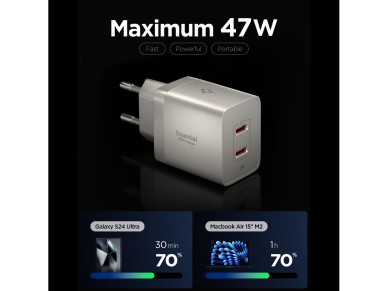 Spigen Essential EE472EU-GAN 2-Port 47W Wall Charger - Titanium Spigen Essential EE472EU-GAN 2-Port 47W Wall Charger - Titanium